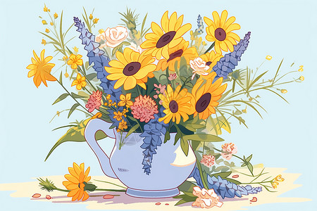 美丽蓝目菊花瓶中的锥菊插画