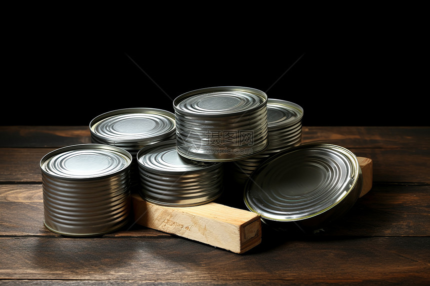 食品罐头堆放在桌上图片