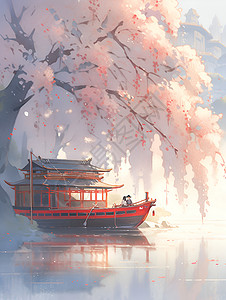 樱花树下的轻舟背景图片