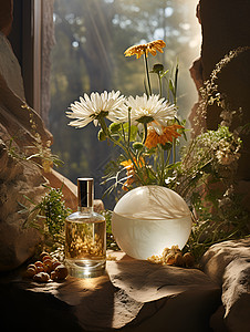 花瓶旁的香水背景图片