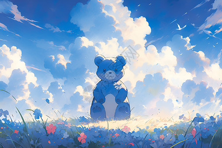 蓝色小熊玩具花海中的蓝色小熊插画