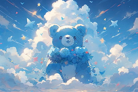 蓝色泡泡熊在天空与云朵中欢乐躺坐插画