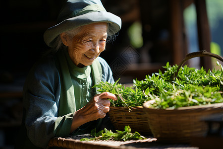 女性采摘新鲜的茶叶背景图片