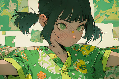 动漫风格的绿衣少女背景图片