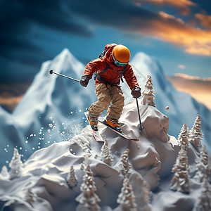 雪山中的滑雪者微缩模型背景图片