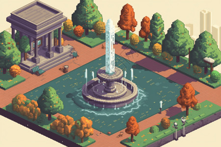 旱喷泉3D像素艺术的城市公园插图插画