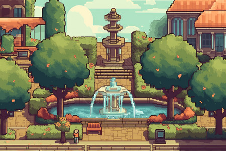 水幕喷泉带喷泉和长凳的像素艺术城市公园插画