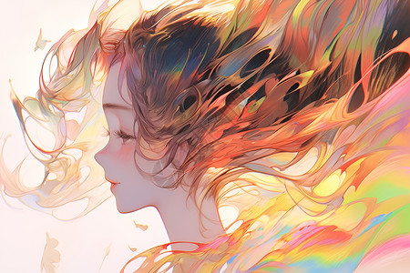 二次元动漫风格的彩虹少女插图背景图片