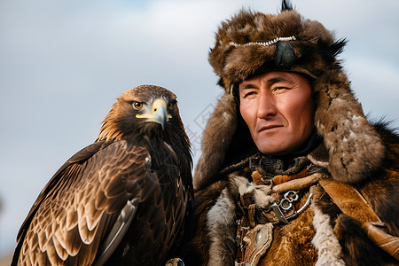 老鹰捕猎传统服饰的捕猎人背景