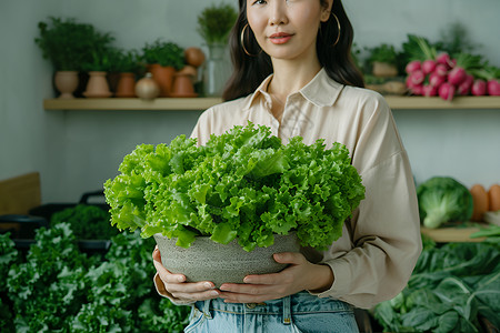 拿着绿叶菜的女人背景图片