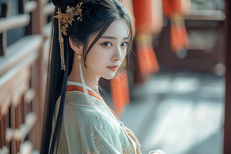 兔年汉服头饰身穿中国传统服饰美女背景