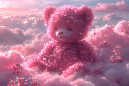 粉色云彩中的毛绒熊背景图片