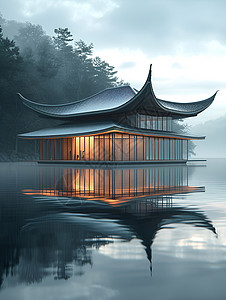 李中水上森林公园湖畔的迷雾中的建筑插画
