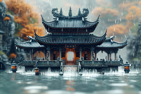 蒙蒙细雾神秘的中国古典建筑插画