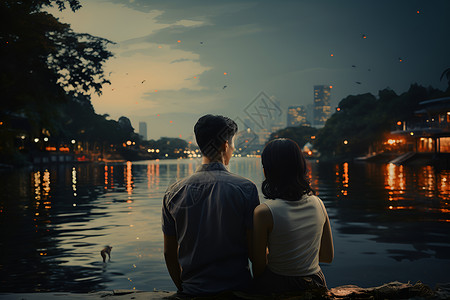 夜晚湖畔的夫妻背景图片