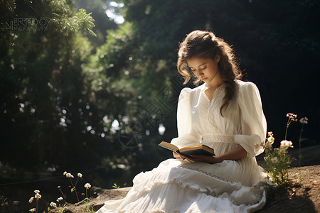 阳光下看书的少女背景图片