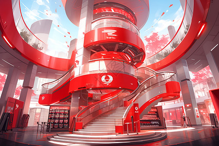 圆形红地毯台阶红色螺旋楼梯插画