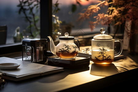 窗前的清茶背景图片