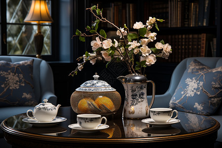 书房内的茶杯和茶壶背景图片