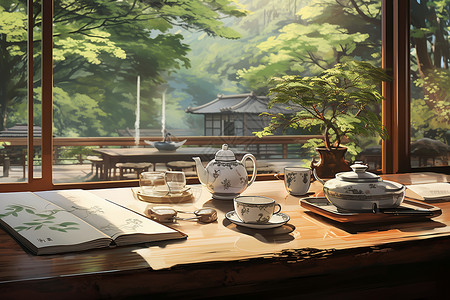 桌上的茶杯和茶壶背景图片