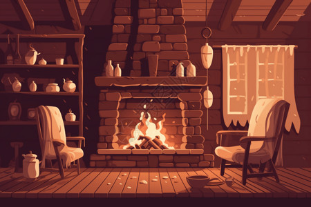 高温火焰温暖的小屋插画
