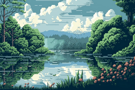 户外宁静的湖泊绘画背景图片