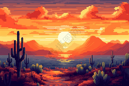 沙漠中壮观的夕阳绘画背景图片