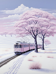 行驶轨道紫色的火车行驶在雪山上插画