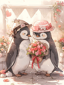 甜蜜小企鹅夫妇背景图片