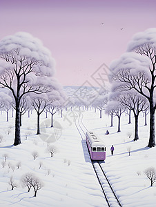 雪地火车冰雪世界的火车插画