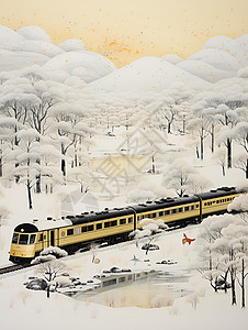黄色火车飞驰在雪地上背景图片