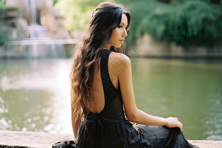 女人坐在湖边背景图片