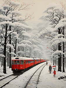 雪地森林中的红色列车高清图片