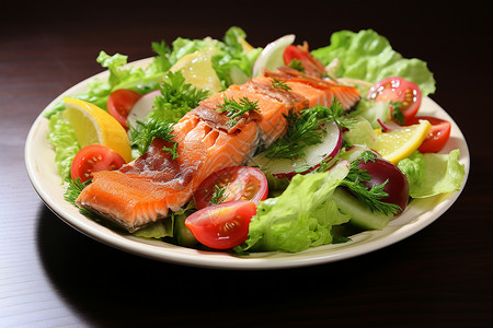 新鲜的蔬菜和鱼肉沙拉背景图片