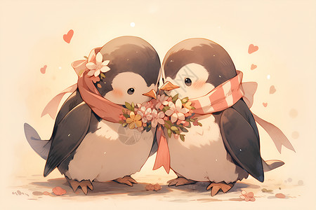 企鹅插画花朵花环甜蜜的企鹅插画