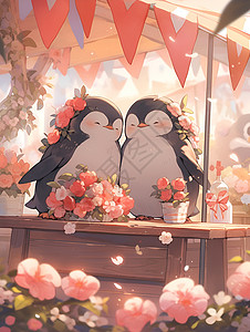 卡通风格的企鹅情侣插图背景图片
