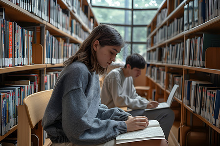 图书馆中认真学习的大学生背景图片