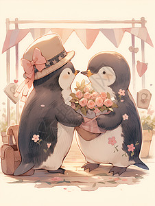 可爱的企鹅情侣卡通插图背景图片