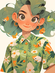 卡通风格的绿衣少女插图背景图片