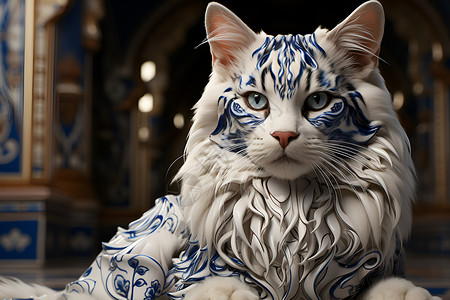 青花瓷风格的猫咪插图背景图片