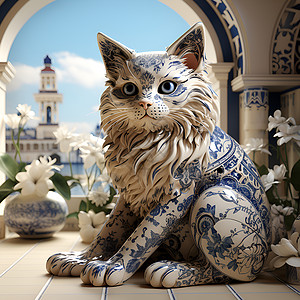 陶瓷加工精美纹路的卡通猫咪雕像插画