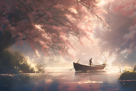 杨絮飘舞的春季湖畔背景图片