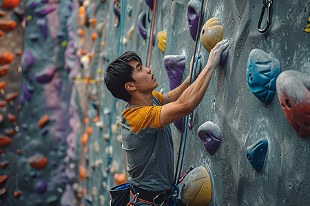 攀爬绳网攀岩墙壁运动的年轻男子背景