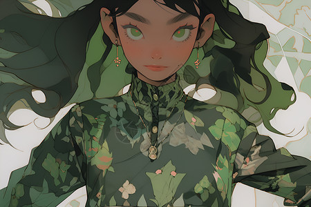 优雅唯美的绿衣少女插图背景图片