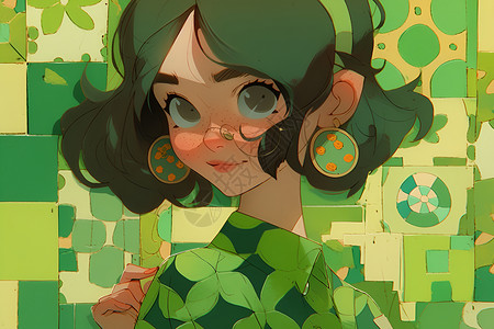 二次元动漫风格的绿衣少女插图背景图片