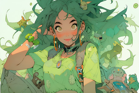 绿意盎然的绿衣少女插图背景图片