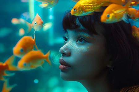 女子与鱼儿背景图片