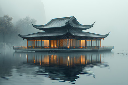 漂浮雾气水上漂浮的中国亭子插画