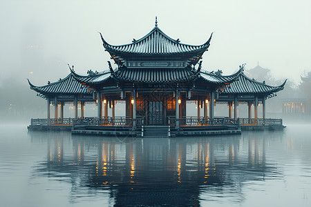 水雾中的中国亭背景图片