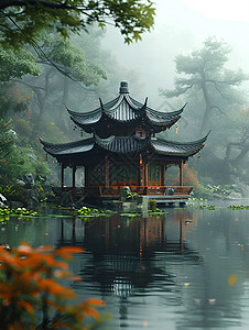 湖畔幽静的中国亭台高清图片